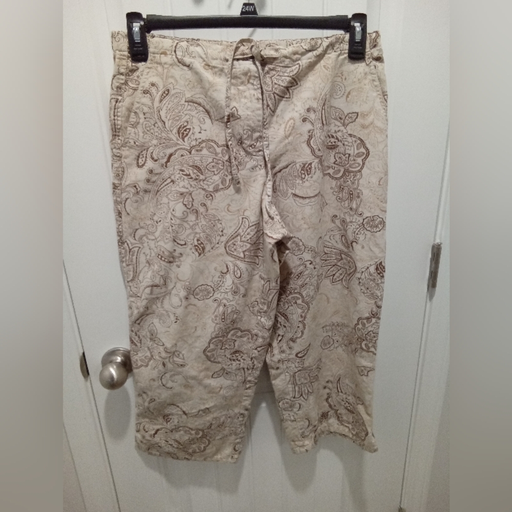 Villager By Liz Claiborne Sz L Beige Paisley & Floral Print Linen Capris Pants